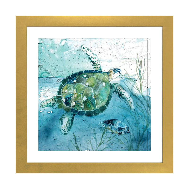 « Island Swim I » par Carol Robinson, reproduction d’art, Papier encadré doré, Blanc, H 16 po x l 16 po x p 1 po