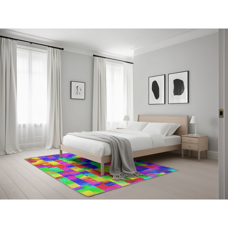 Tapis jaune / vert / rouge en laine et polyester tissé à la machine Patchwork, Rectangle 5 pi x 7 pi