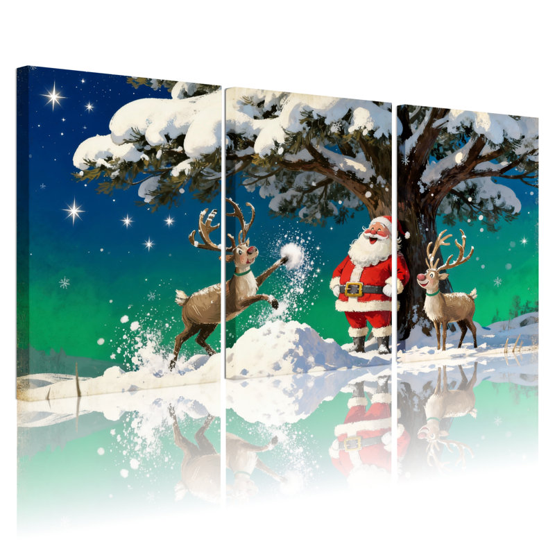 Noël, père Noël, renne, forêt enneigée, nuit, étoiles, ensemble de 3 impressions sur toile, H 30 po x l 60 po