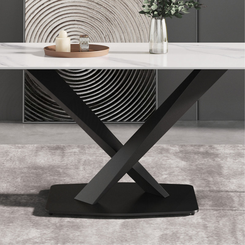 Table de salle à manger de 70,87 po en pierre artificielle moderne à bord droit et pieds en métal noir pouvant accueillir 6 à 8 personnes