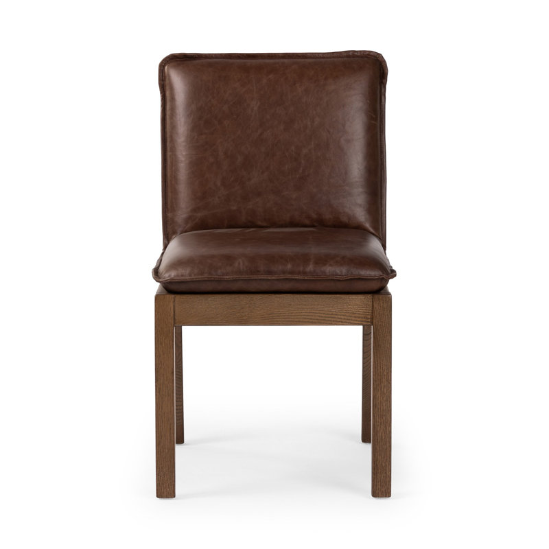 Wautoma Linen Upholstered Dining Chair in Beige, Brown Genuine Leather