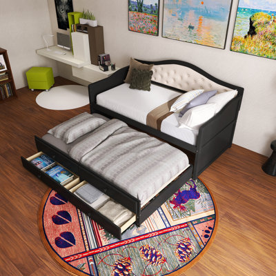 Wood Frame Twin Size Daybed With 2 Storage Drawers And Trundle