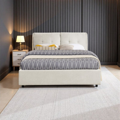 Grand lit avec rangement et tête de lit tapissier, lit plateforme en chenille