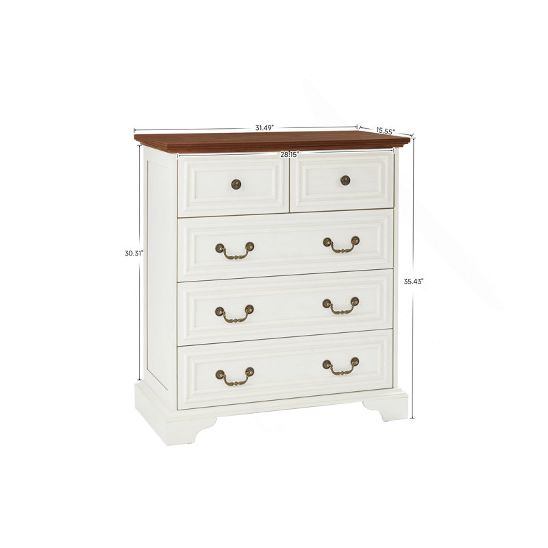 Commode 5 tiroirs Farmhouse, commode rustique, Brun antique / blanc