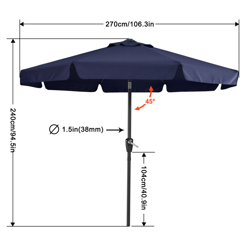 Parasol de marché Holmquist avec cantonnière festonnée, inclinaison et relevage, Marine, 9'