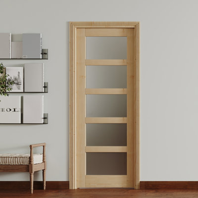 Dalle de porte intérieure en verre massif givré 5 Lite - porte de garde-manger en bois naturel avec cadre assorti et charnières noires
