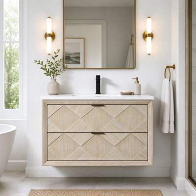 36" Transitional Floating Single Sink Solid Wood Natural Oak Bath Vanity with Engineered Marble Top