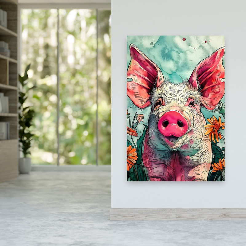 Art souriant, cochon souriant dans des fleurs, 60" H x 40" W