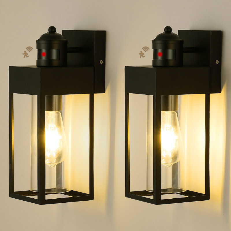 Motion Sensor Outdoor Wall Sconce, Rectangular Metal Frame With Tempered Glass Shade, Waterproof Exterior Lantern For Garage Entryway Yard(set Of 2)