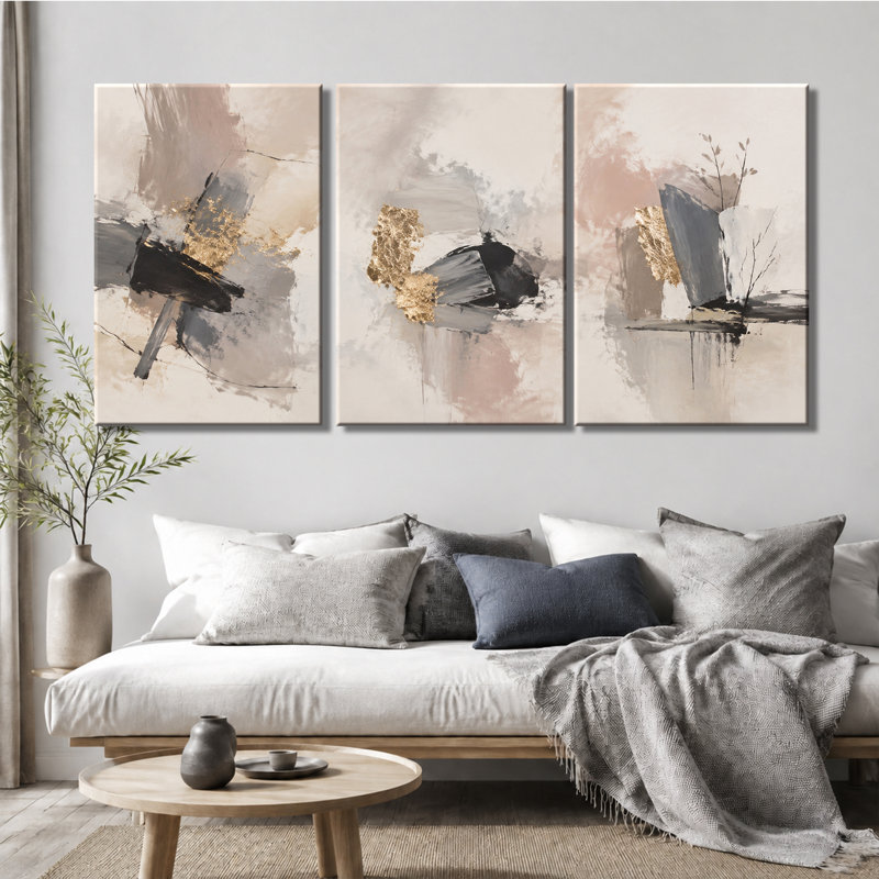 Tableau mural à 3 panneaux, impression abstraite sur toile tendue avec feuille d'or rose, 24*36inch*3