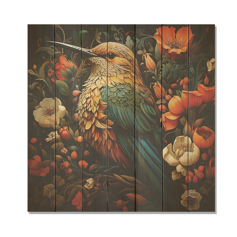 «Hummingbird Gardens Guardian», animal colibri sur bois, H 25 po x l 25 po