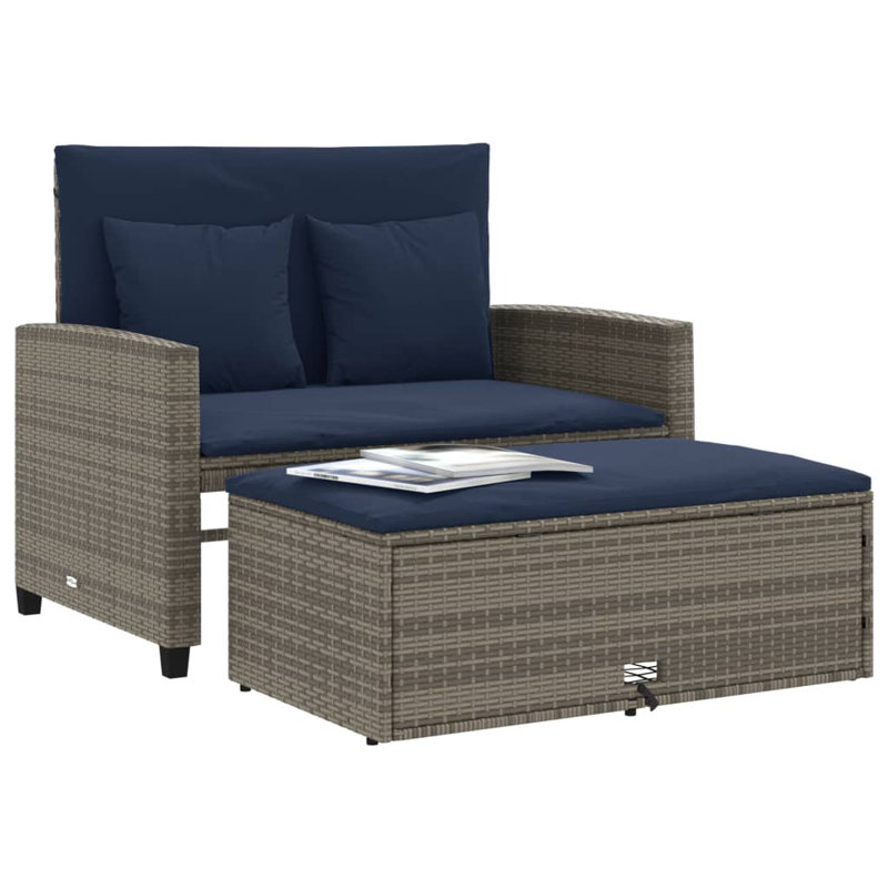 Canapé de patio en rotin 2 places Ebern Designs, Gris, Bleu marine