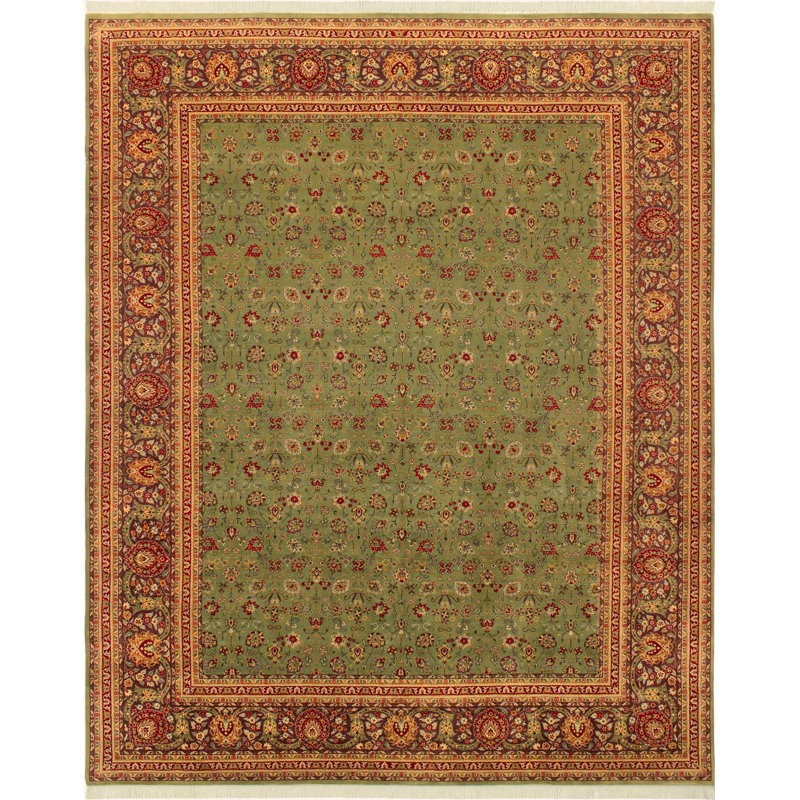 Tapis oriental en laine vert / rouge 9 pi 1 po x 11 pi 4 po Aaru