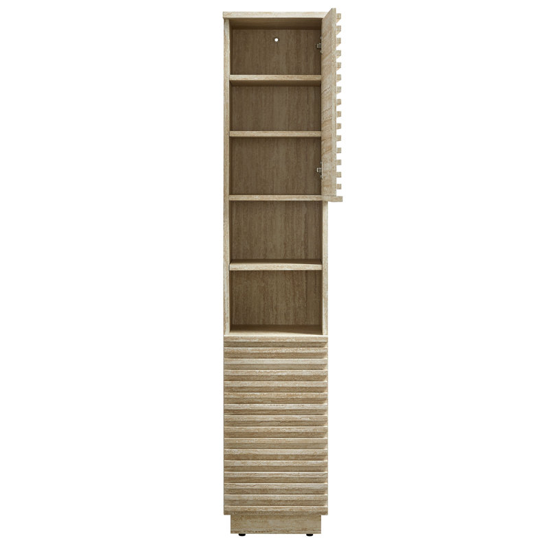 Tall Narrow Faux Travertine Linen Storage Cabinet with Adjustable Shelves