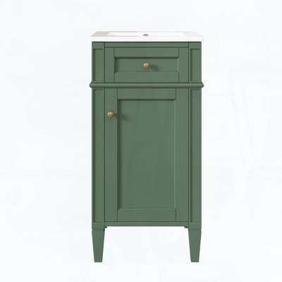 Meuble-lavabo sur pied avec lavabo en céramique, porte à fermeture amortie et pieds en bois massif, style français, vert
