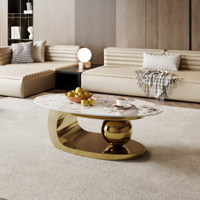 Modern Oval Cofee Table, Glossy Faux Mable Table-top, Stainless Steel Legs for Living Room by Everly Quinn