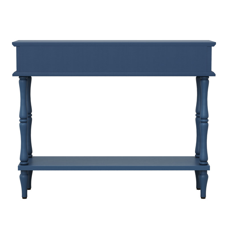 Console de style Mid-Century avec 2 tiroirs et une tablette ouverte, pattes en bois massif (assemblage minimal requis), Bleu