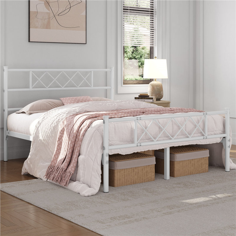 Brandee Metal Platform Bed Frame with Headboard and Footboard, Queen, White