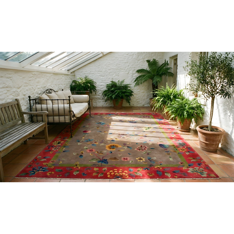 Tapis rouge antique des années 1920 à motif floral mauve / lavande / mauve