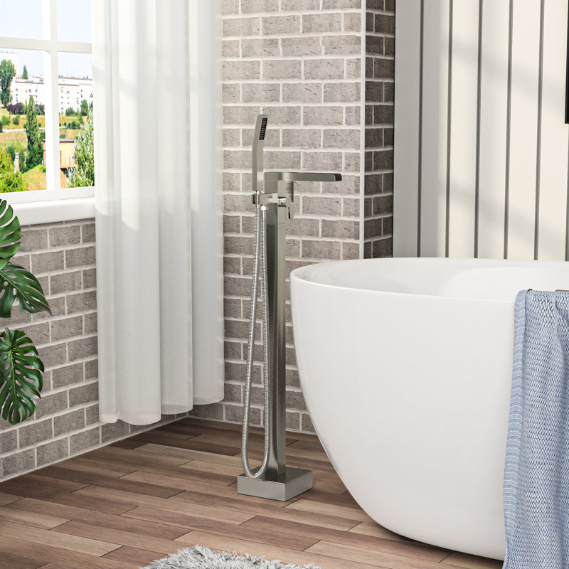 Freestanding Waterfall Bathroom Faucet, 360 Swivel Spout And Hand Shower, Dual Temperature, Brushed Nickel Brass Faucet With Tub Detachable Handheld, Rotatable, Temperature Control,