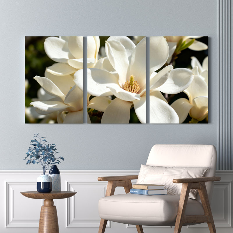 Ensemble de 3 tableaux sur toile tendue représentant des fleurs de magnolia blanc, pour la décoration du salon et de la chambre à coucher.