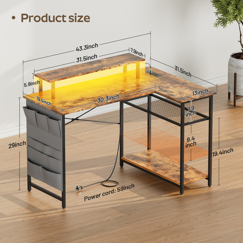  43 Inch Computer Desk with Power Outlet & LED Lights, L Shaped Desk with Storage Shelves, Corner Computer Gaming Desk Table with Monitor Stand, Home Office Desk for Bedroom, Rustic Brown