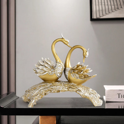 14.2" Gold Modern Simulation Couple Swan Sculpture Art Ornament Home Table Statue Decor
