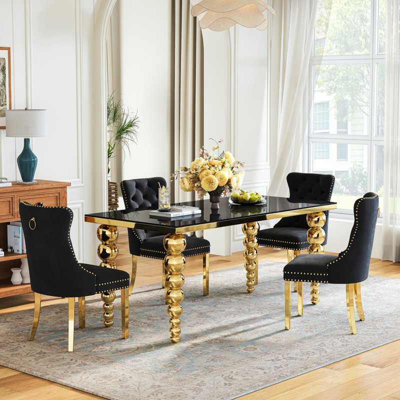 Modern Dining Table Set For 4, Luxurious Stainless Steel Legs And Tempered Glass Table, 4 Upholstered Velvet Dining Chairs With Nailhead Trim