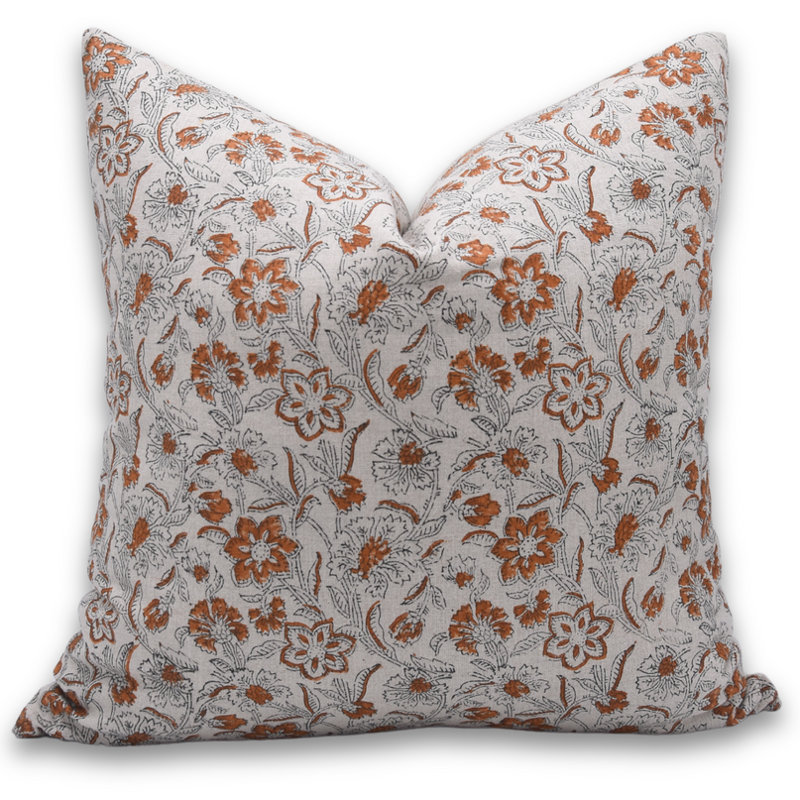 Housse de coussin en lin pur imprimé à la main Fabividine Kumkum - taille de coussin décoratif orange - 20 x 20 pouces, Carré