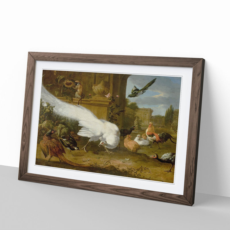 Fowls and a White Peacock by Melchior D'hondecoeter - Picture Frame Painting, 48cm H x 65cm W x 2cm D, Walnut Framed
