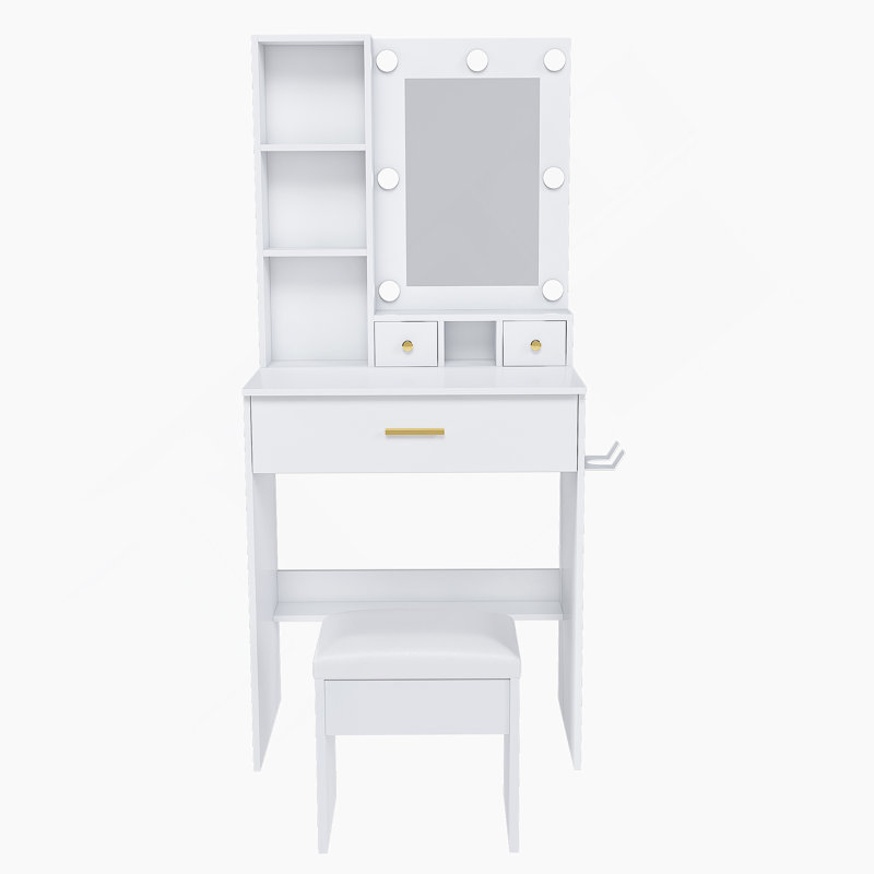 Vanity Table With Mirror And Adjustable LED Lights, Power Outlet, Hairdryer Holder And Stool, A Compact And Functional Dressing Desk For Small Bedrooms