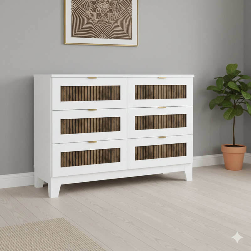 Commode en bois de style rustique avec six tiroirs, armoire de rangement pour la chambre à coucher avec poignées en métal blanc.