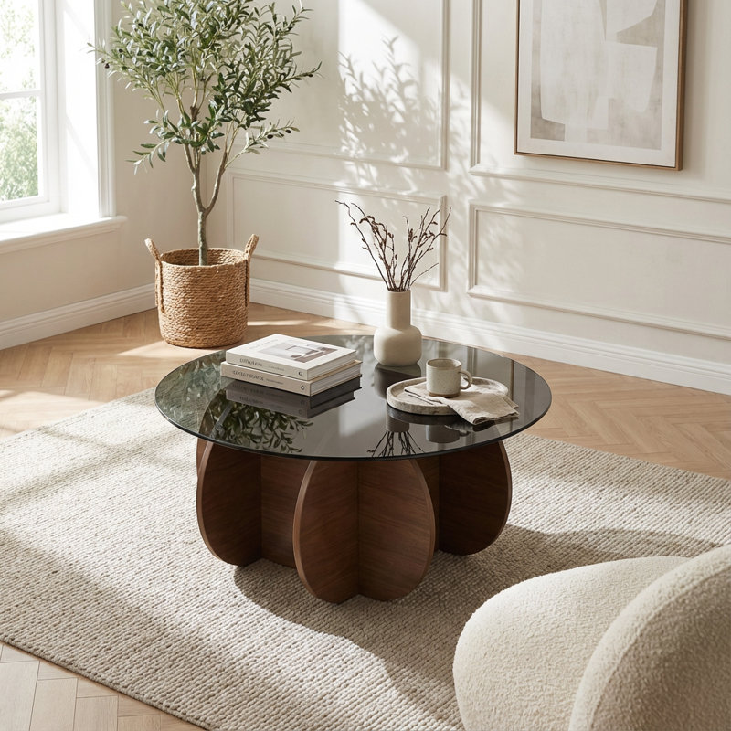 Table basse contemporaine avec plateau en verre trempé et base en bois