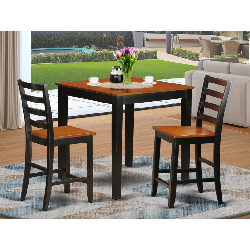 3 Piece Counter Height Dining Set for Small Spaces Contains a Square Dining Room Table and 2 Wooden Seat Chairs, Black & Cherry