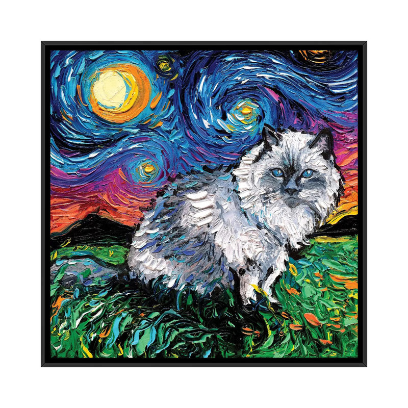 «Ragdoll Cat Night» par Aja Trêves - reproduction d'art, H 37 po x l 37 po x P 1,5 po, Toile avec cadre noir, Pas de tapis