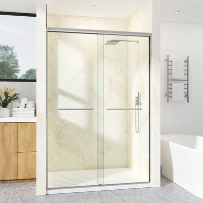  56-61"W x 76"H Semi-Frameless Double Sliding Shower Door | 6mm SGCC Clear Tempered Glass, R5 Beveled Edge Design, Shatter-Resistant Film, Adjustable Rollers, Reversible Handle