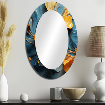 Modern Orange Leaves Floating on Tender Blue Wave - Large Oval Wall Mirror On Metal