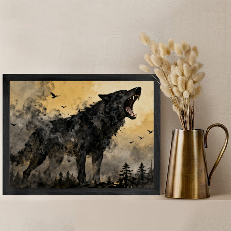 Art noir encadré noir, loups braves, H 9 po x l 11 po