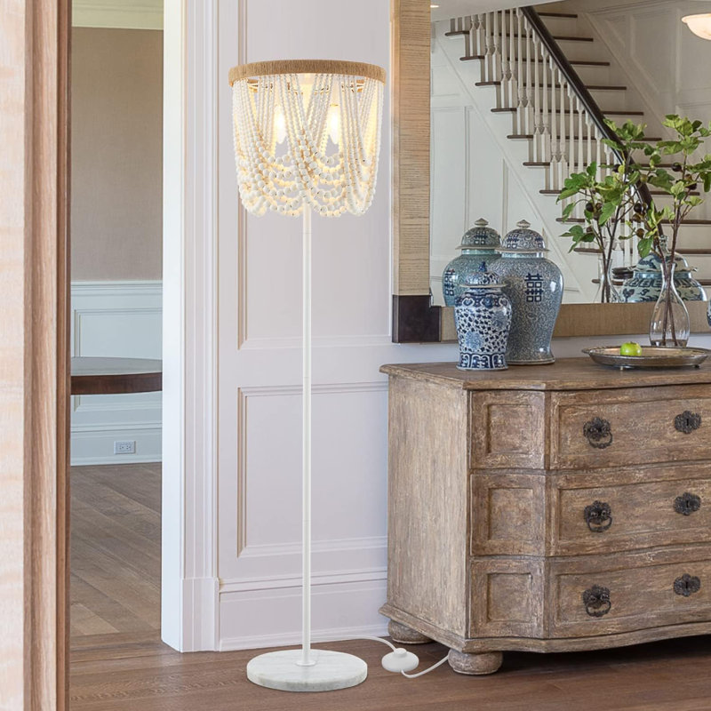 Lampe sur pied avec perles en bois et corde de lin attachée à la main - Lampe sur pied rustique 3 lumières pour chambre à coucher, salon, chambre de bébé - Compatible avec ampoule E12