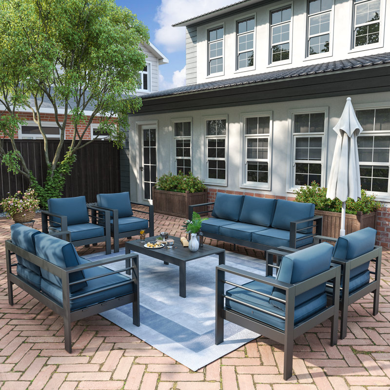 Roussel 9 - Person Complete Patio Set with Cushions, Blue/Dark Gray