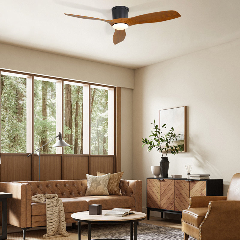 Modern Smart 52" In 3-ABS Blades Flush Mount Ceiling Fan With Light, Remote/APP, Black, Suitable For Any Room, Brown