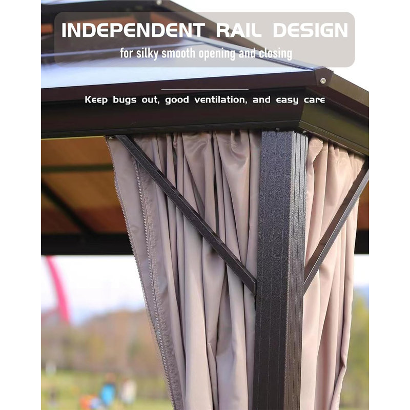 Pavillon de jardin 8 po x 8 pi à toit rigide avec double toit en fer, pavillon extérieur imperméable en métal avec rideaux et filet