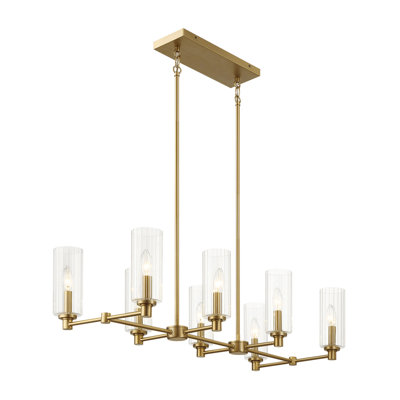 Willow Eight Lights Island With Clear Ribbed Glass Pendant Lamp - Satin Brass