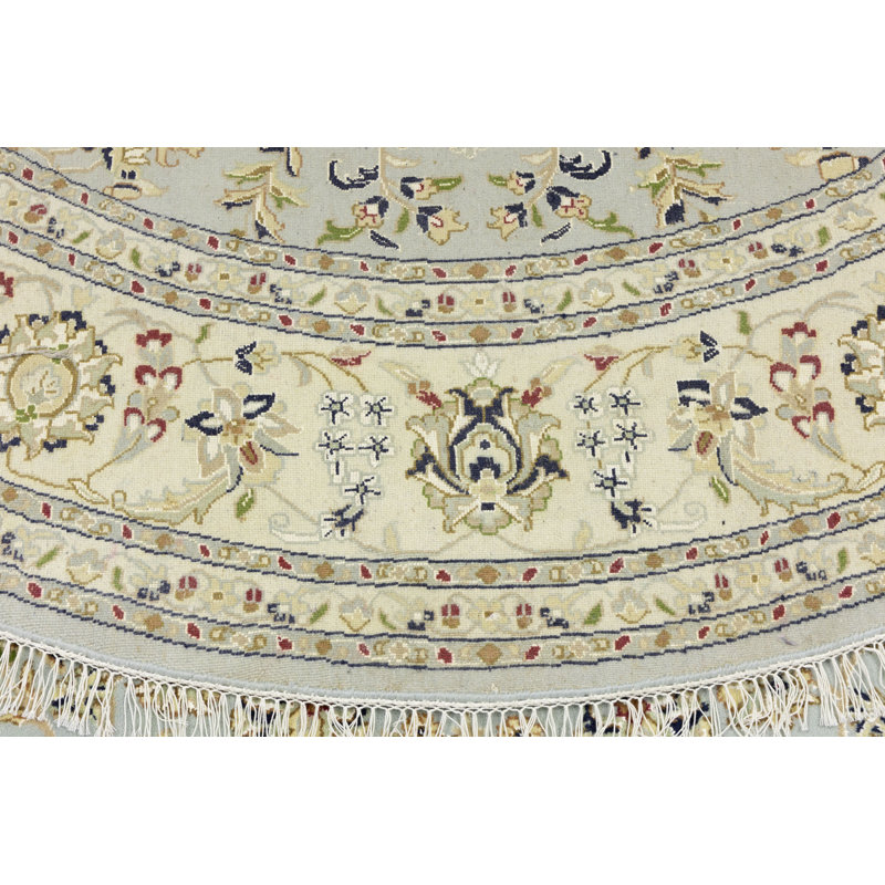 Tapis oriental rond bleu indo-nain floral fait à la main 8 x 8 | Taille exacte: 7 pi 11 po x 7 pi 11 po, Rond 8 pi x 8 pi