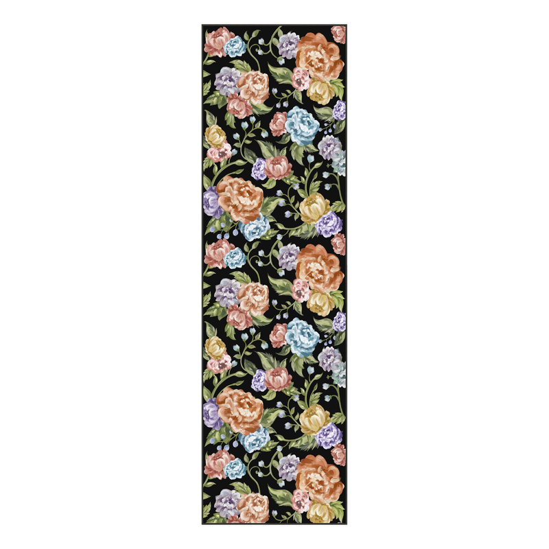 Tapis noir à motif floral moderne Liam, Tapis de couloir 2 pi 3 po x 7 pi 6 po