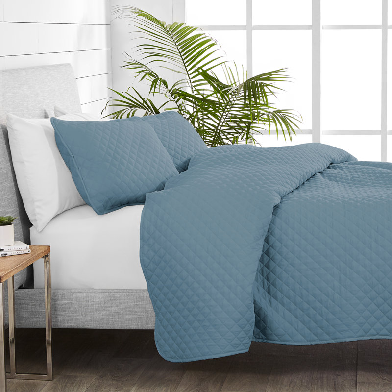 Coronet Blue Diamond Stitched Microfiber Full/Queen Coverlet Set