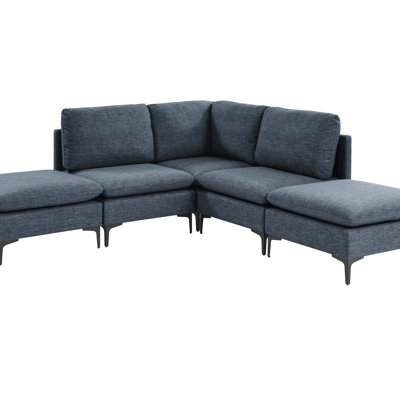 Canapé modulaire rembourré en lin 91 po × 91,00 po x 35,00 po, configuration personnalisée et coussin moyen ferme, pieds hauts en métal noir, canapé à assemblage facile pour le salon, bleu foncé