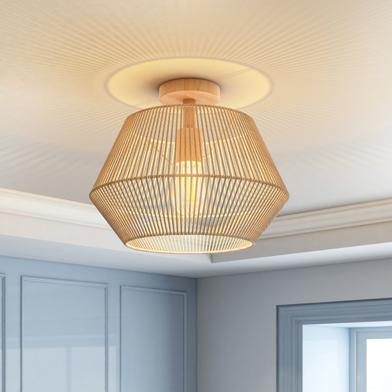 Armelia 16" Semi Flush Mount Boho Light Fixture with Hand-Woven Ratan Shade, Natural