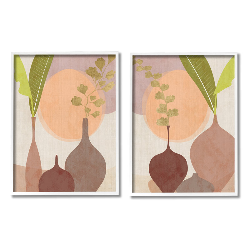 A2-659-Framed " Modern Boho Vases " by Susan Jill 2 - Pieces, Coastal White Framed Giclee, 14 H x 11 W x 1.5" D