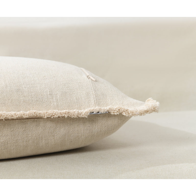Cozy Soft Washed Linen Textured Boho Farmhouse Pillow Cover With Tassels Edge, Square 18", Natural Linen